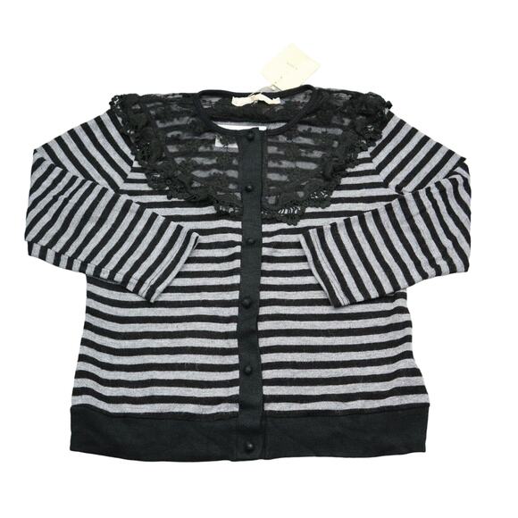 Areve Sweater Womens L Black Gray Cardigan Long Sleeve Stripe Button Knit Lace - Picture 1 of 16